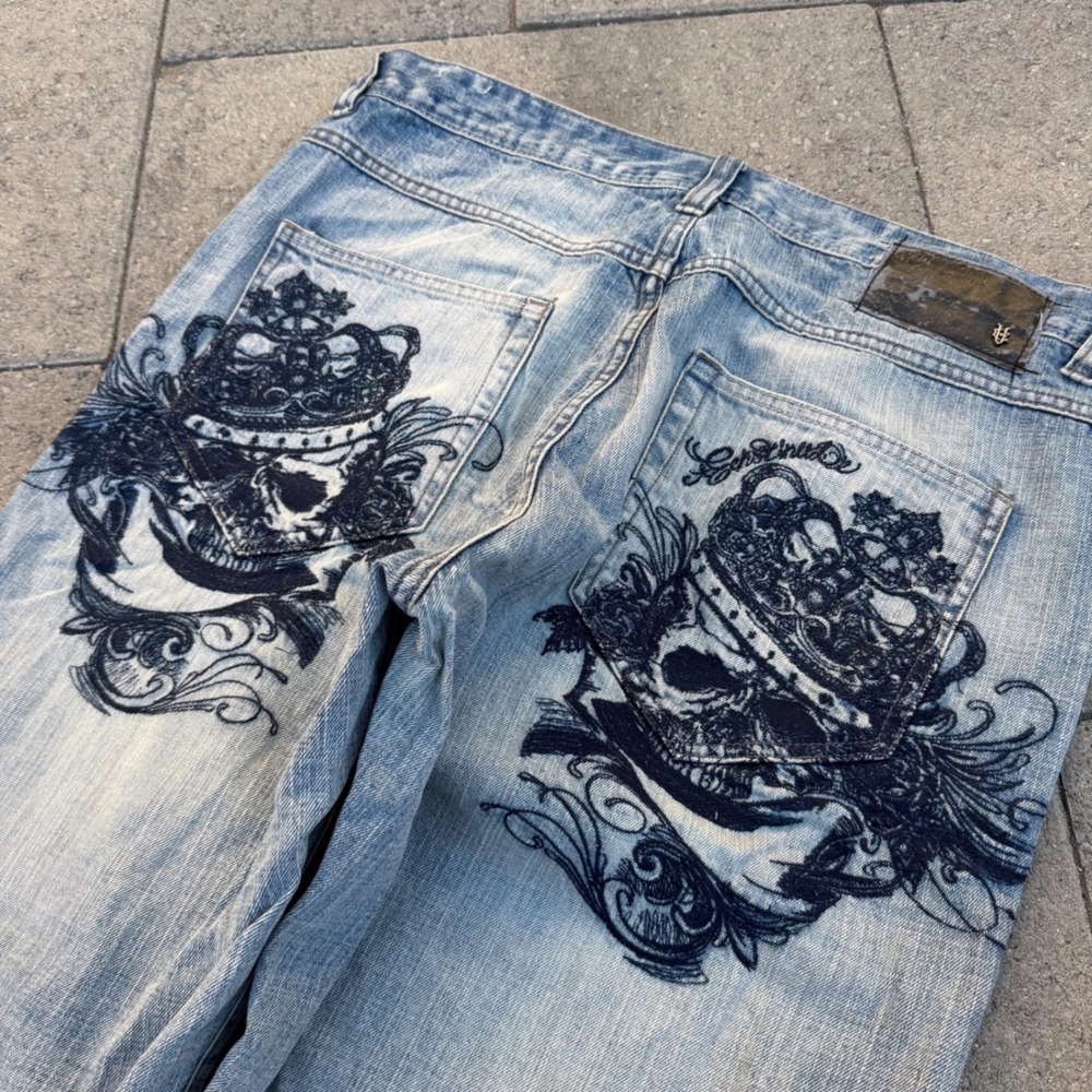 Ecko Unltd Mens Wide Leg Skull Crown Graphic Jeans Light Wash Y2K 36x30.5